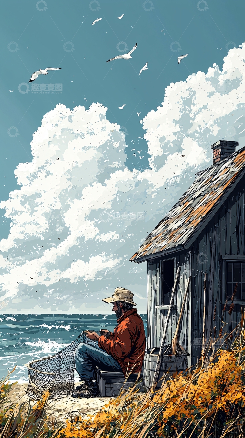 高清大图下载【趣麦麦图】海边小屋渔夫垂钓