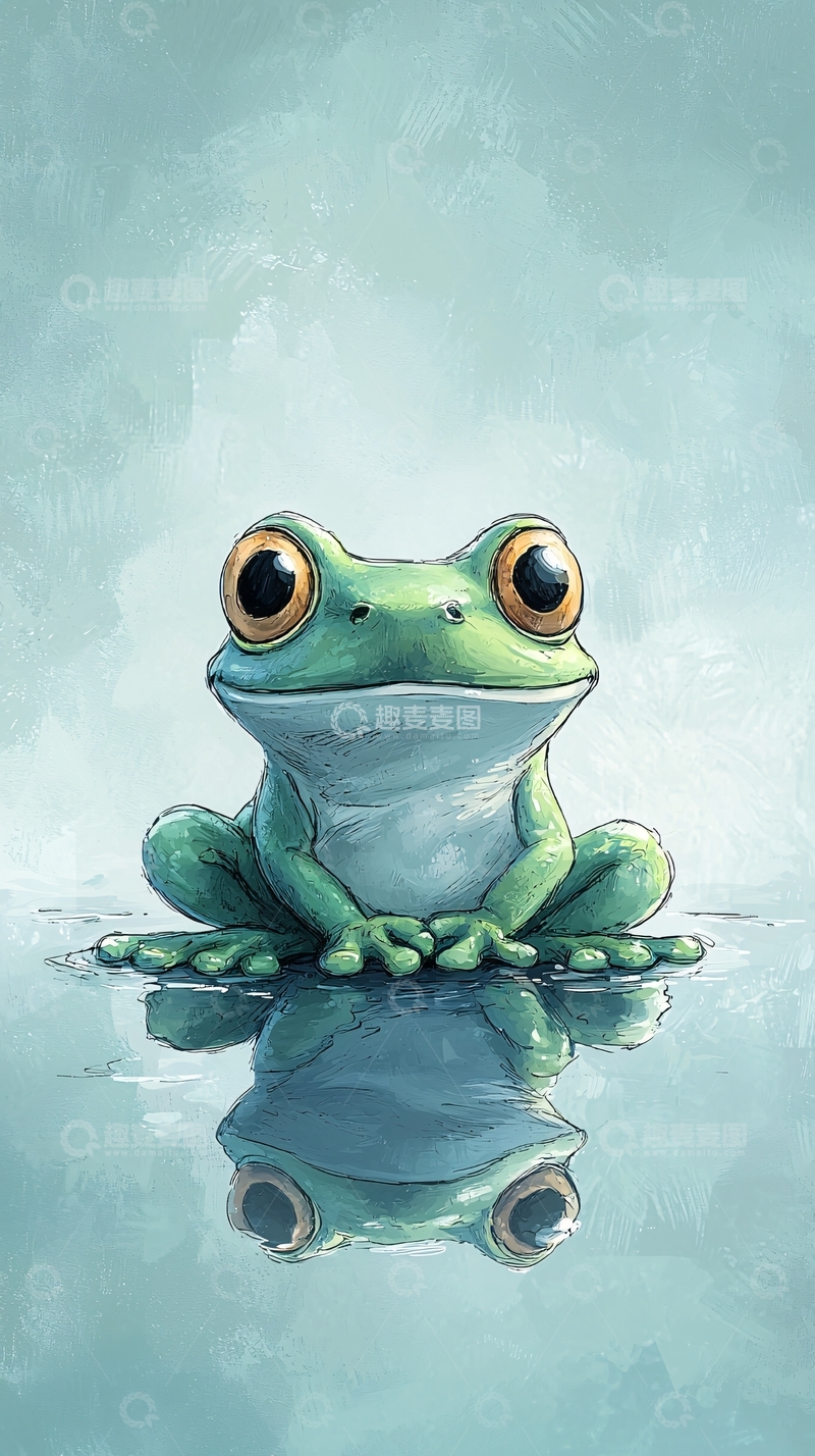 高清大图下载【趣麦麦图】可爱的青蛙坐在水面上