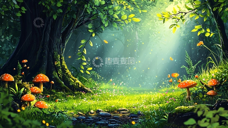 高清大图下载【趣麦麦图】森林阳光蘑菇
