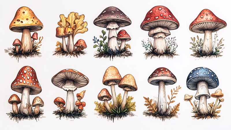 高清大图下载【趣麦麦图】手绘彩色蘑菇图