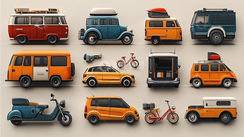 高清大图下载【趣麦麦图】复古卡通交通工具