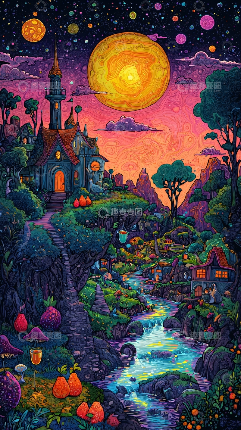 高清大图下载【趣麦麦图】梦幻童话小镇夜景