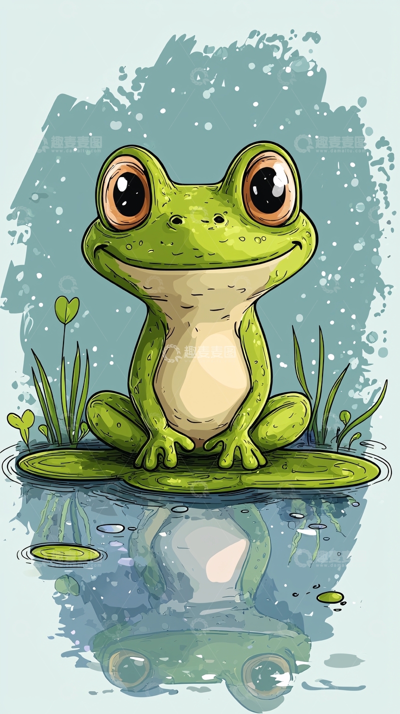 高清大图下载【趣麦麦图】绿色卡通青蛙在荷叶上