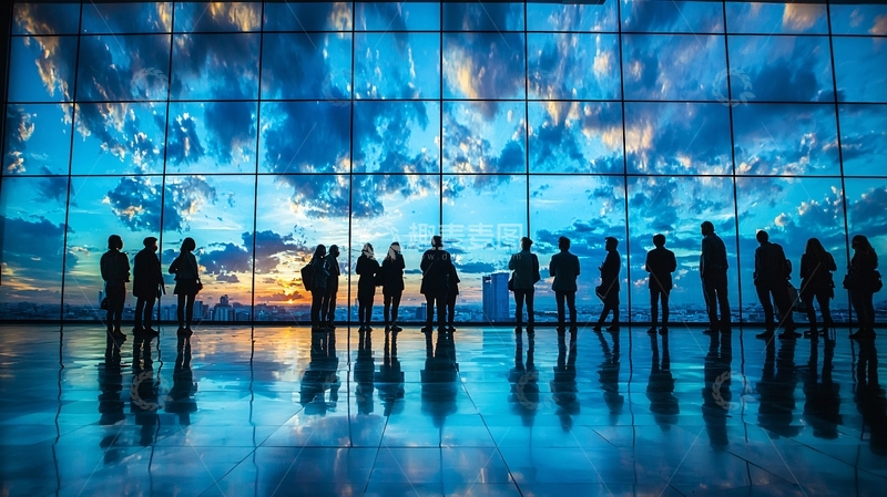 高清大图下载【趣麦麦图】蓝色天空剪影人群
