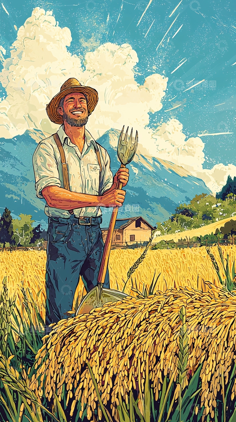 高清大图下载【趣麦麦图】阳光下农民在金黄稻田微笑