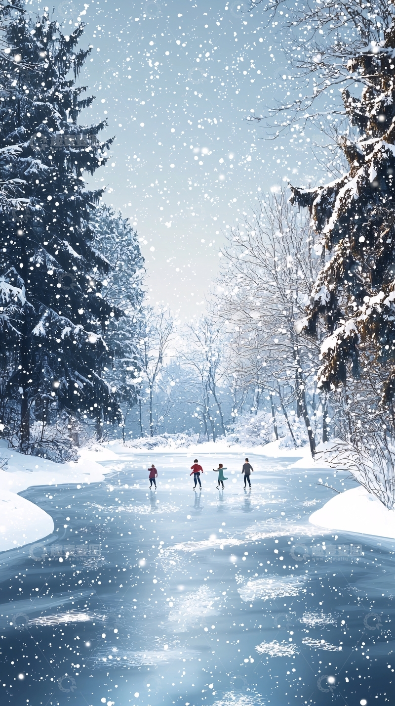 高清大图下载【趣麦麦图】雪中的冬季河流上滑冰的人