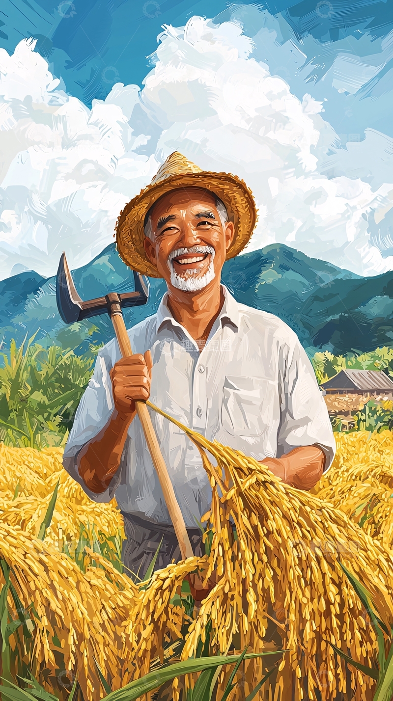 高清大图下载【趣麦麦图】微笑的老人稻田