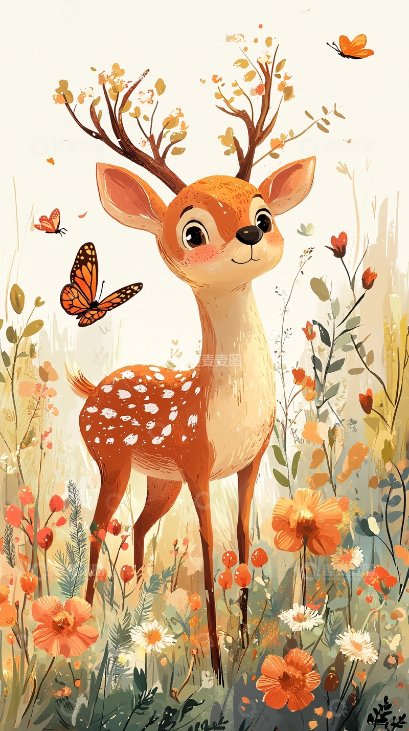 高清大图下载【趣麦麦图】可爱小鹿在花丛中