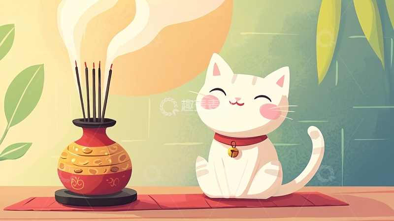 高清大图下载【趣麦麦图】可爱猫咪香炉插画