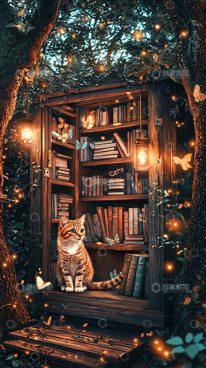 高清大图下载【趣麦麦图】森林书架猫咪