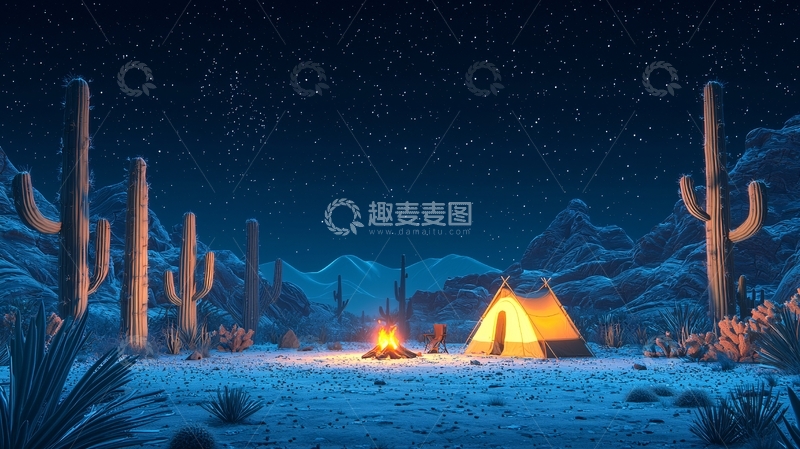 高清大图下载【趣麦麦图】沙漠星空下的露营地