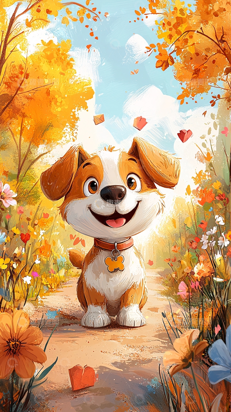 高清大图下载【趣麦麦图】卡通小狗秋日花园