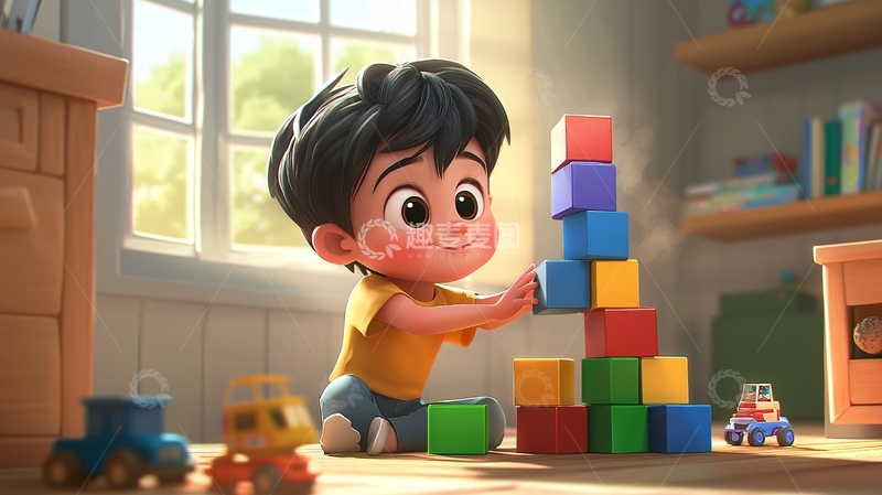 高清大图下载【趣麦麦图】可爱卡通男孩玩积木