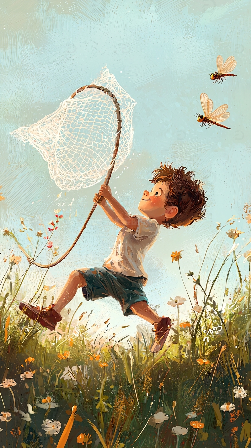 高清大图下载【趣麦麦图】男孩追逐蜻蜓
