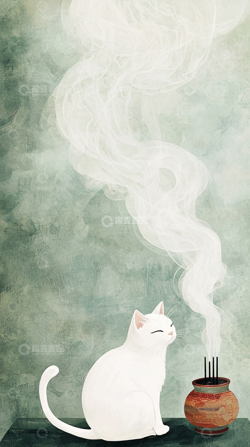 高清大图下载【趣麦麦图】禅意白猫香炉