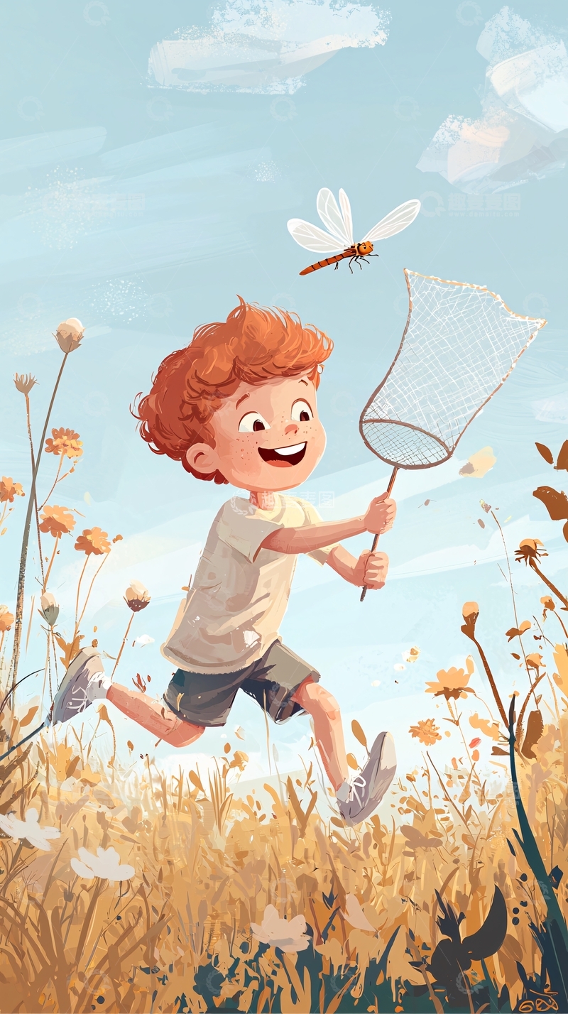 高清大图下载【趣麦麦图】红发男孩追逐蜻蜓