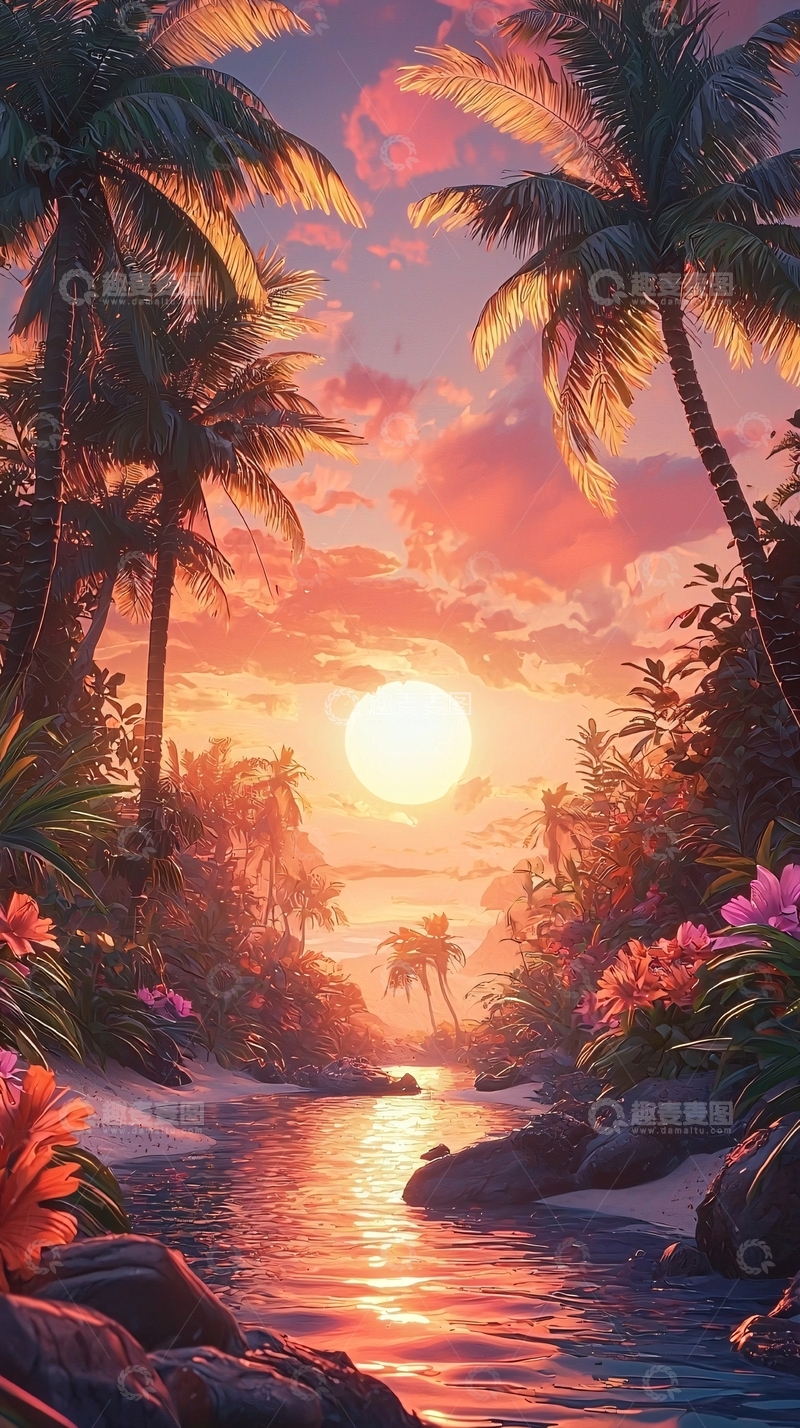 高清大图下载【趣麦麦图】热带夕阳下的棕榈树海滩