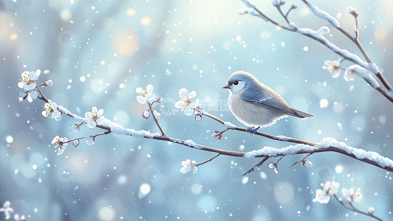 高清大图下载【趣麦麦图】冬日雪景小鸟栖枝