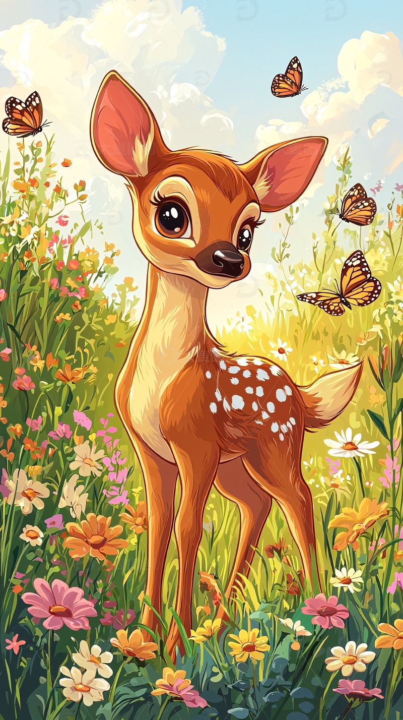 高清大图下载【趣麦麦图】可爱小鹿在花丛中