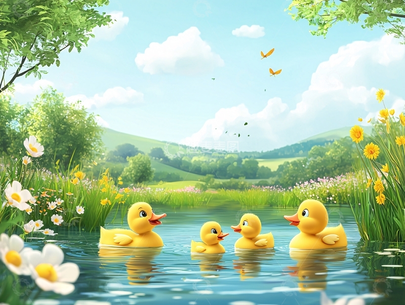 高清大图下载【趣麦麦图】卡通鸭子一家在湖水中嬉戏