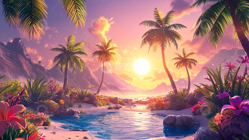 高清大图下载【趣麦麦图】热带海滩日落美景