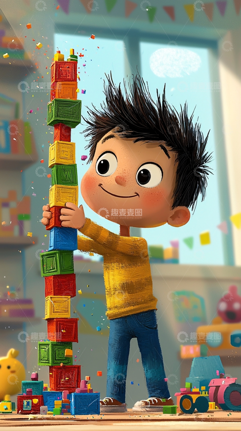 高清大图下载【趣麦麦图】可爱男孩玩积木