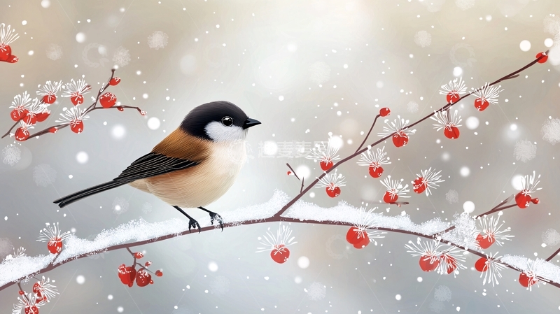 高清大图下载【趣麦麦图】雪中鸟儿栖枝头