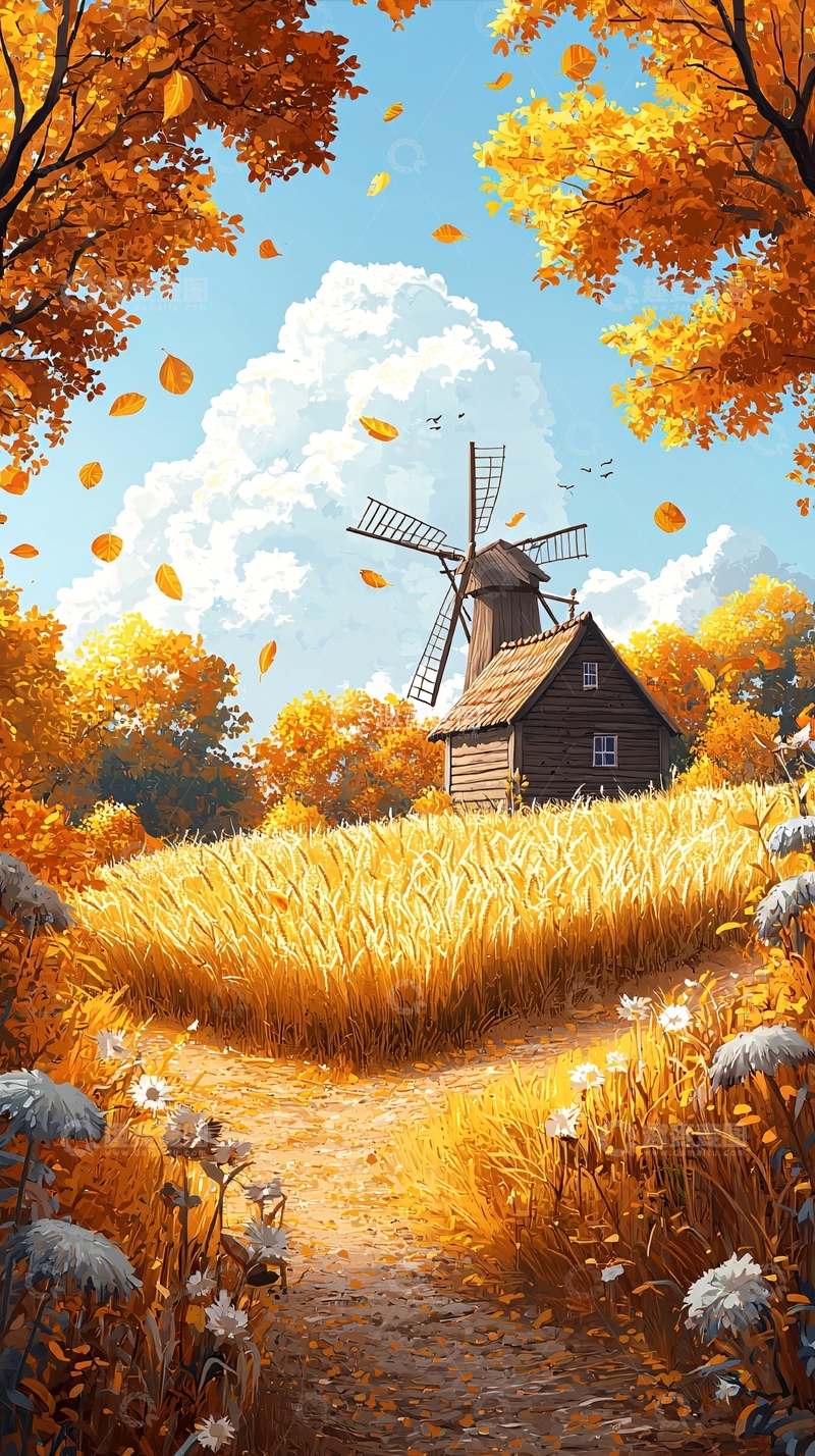 高清大图下载【趣麦麦图】秋日乡村风车风景