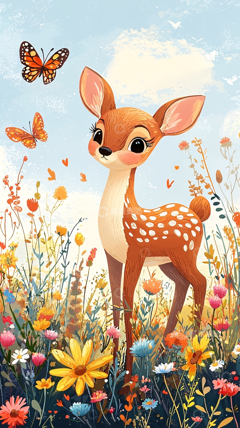 高清大图下载【趣麦麦图】可爱小鹿花田卡通