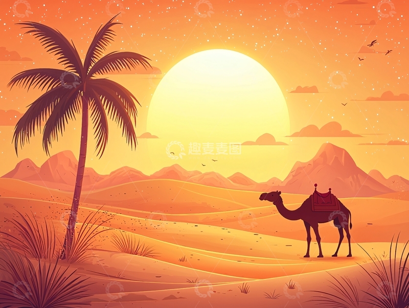 高清大图下载【趣麦麦图】沙漠骆驼日落