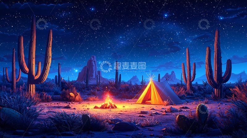 高清大图下载【趣麦麦图】沙漠夜晚的篝火露营地