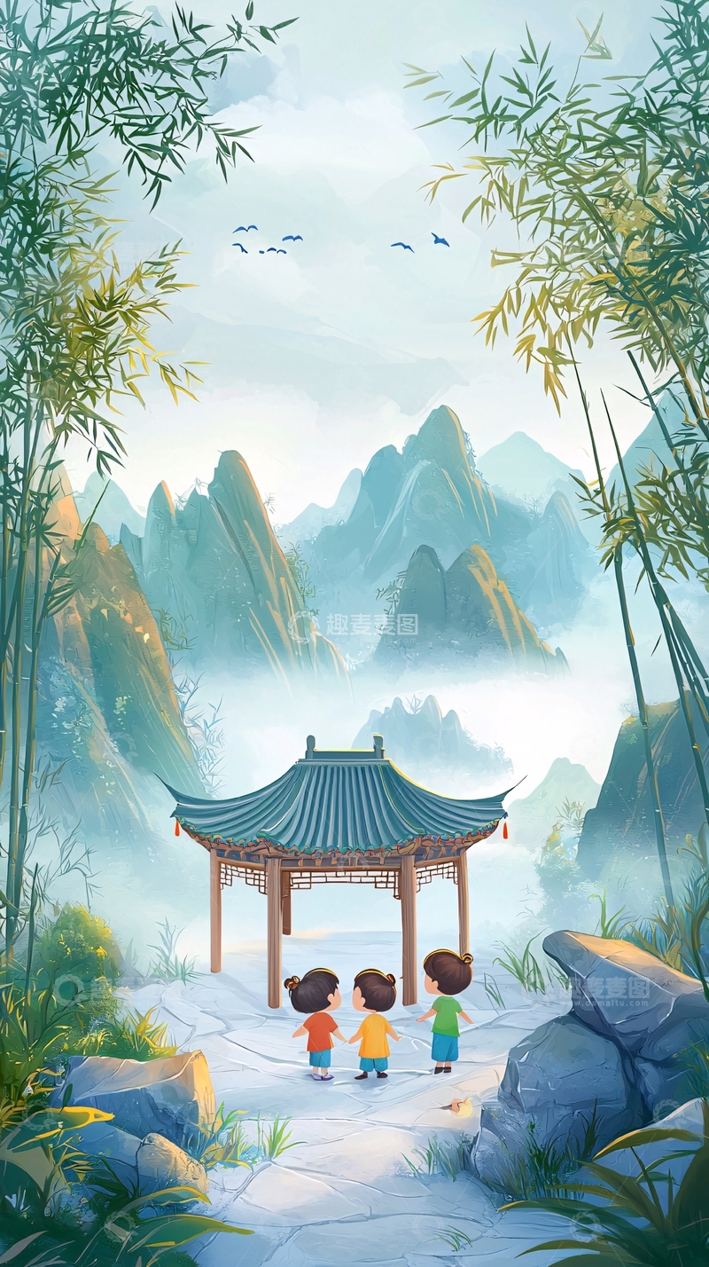 高清大图下载【趣麦麦图】水墨画风格儿童山水图