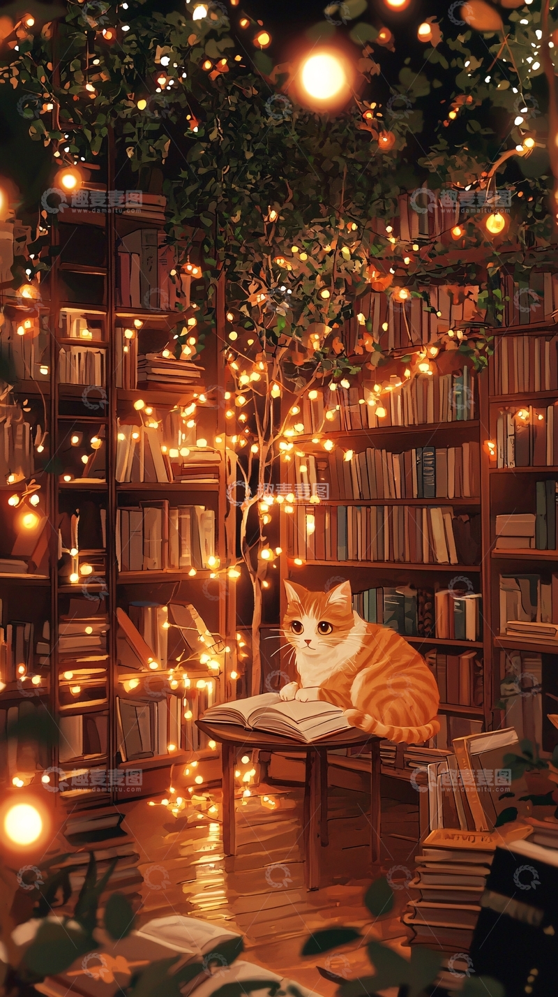 高清大图下载【趣麦麦图】温暖灯光下的猫咪阅读时光