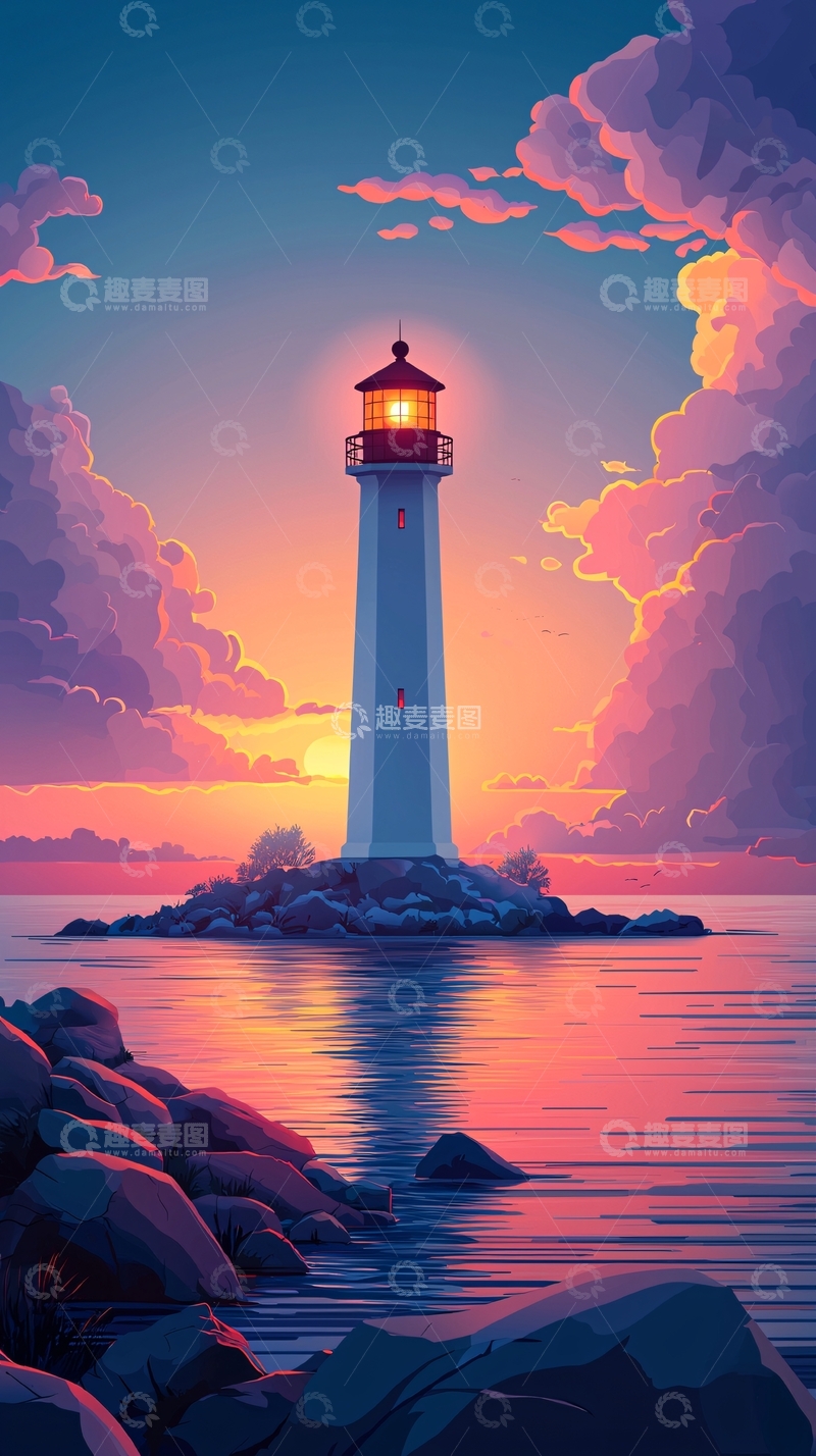高清大图下载【趣麦麦图】落日余晖下的灯塔