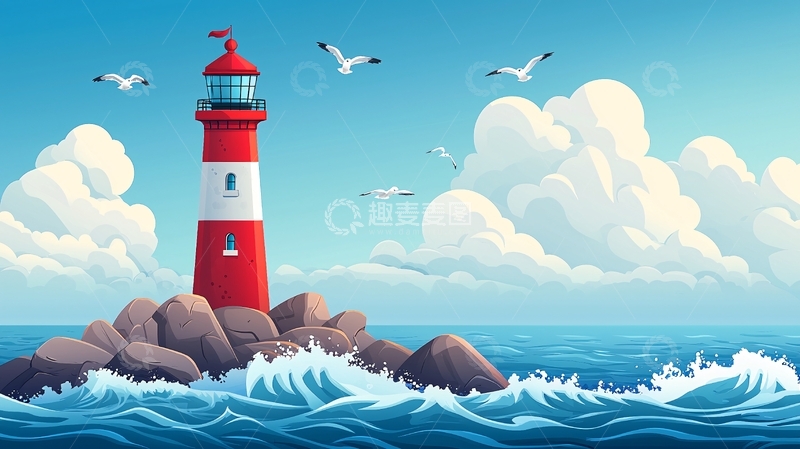 高清大图下载【趣麦麦图】红白灯塔蓝色大海海鸥