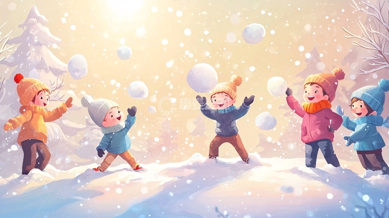 高清大图下载【趣麦麦图】孩子们雪地里打雪仗
