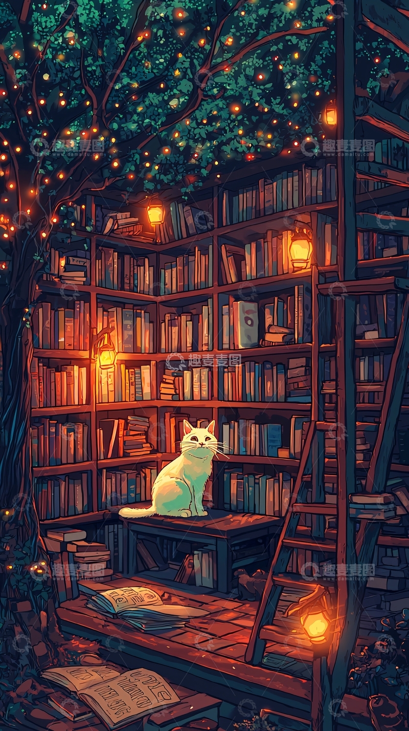 高清大图下载【趣麦麦图】梦幻树屋图书馆猫咪