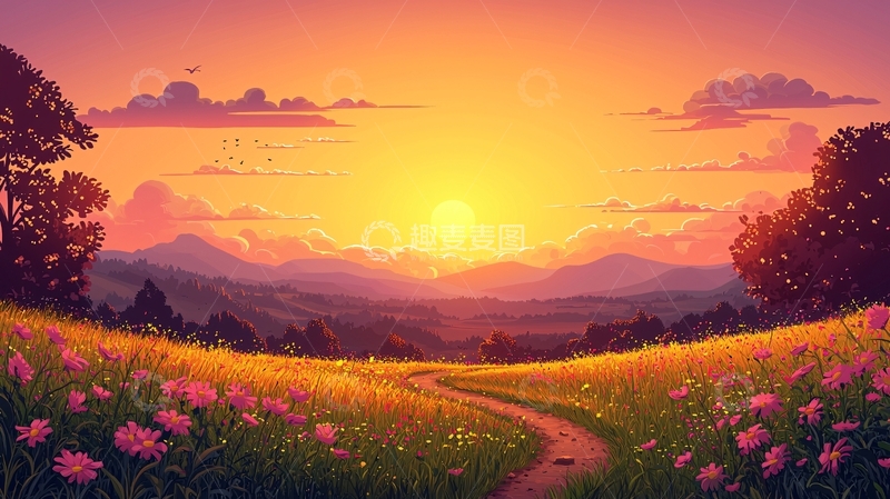 高清大图下载【趣麦麦图】金色田野的日落美景