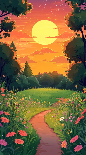 落日田园风光插画