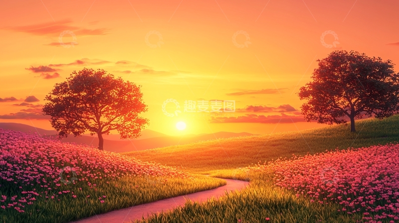 高清大图下载【趣麦麦图】夕阳下的唯美田园风光