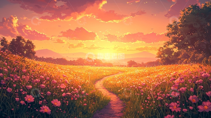高清大图下载【趣麦麦图】日落时分的田野小路