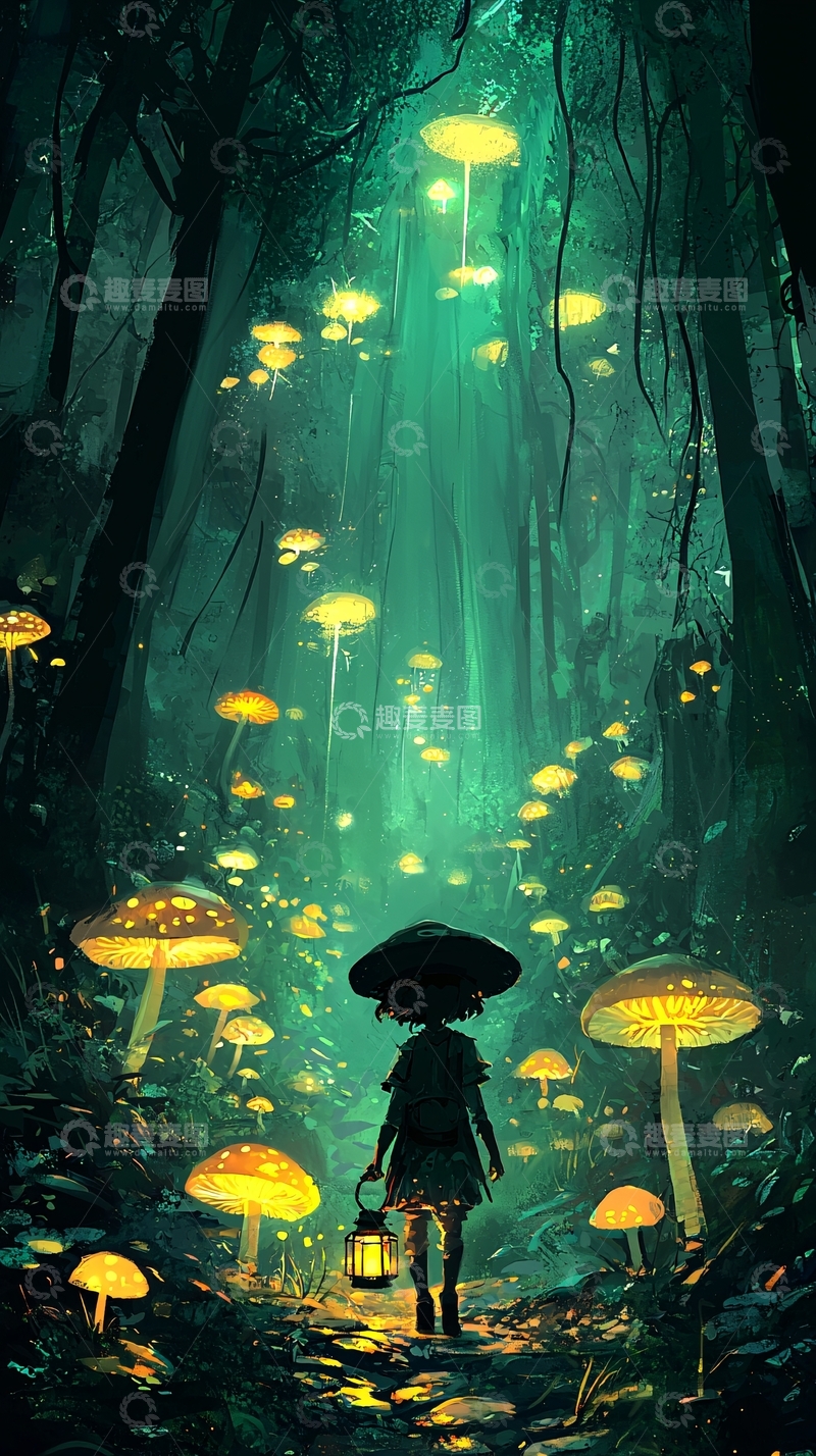 高清大图下载【趣麦麦图】奇幻森林女孩提灯
