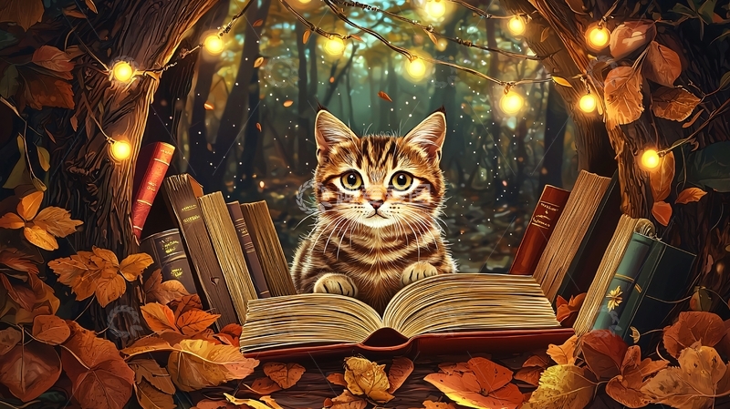 高清大图下载【趣麦麦图】森林小猫读书