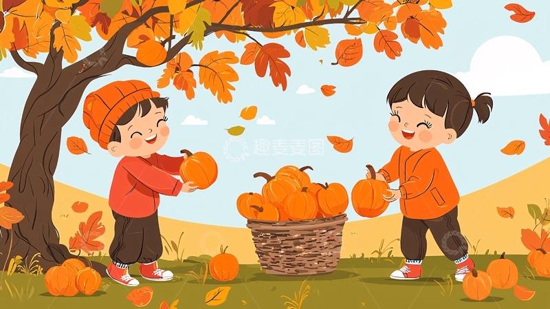 高清大图下载【趣麦麦图】秋日儿童采摘南瓜