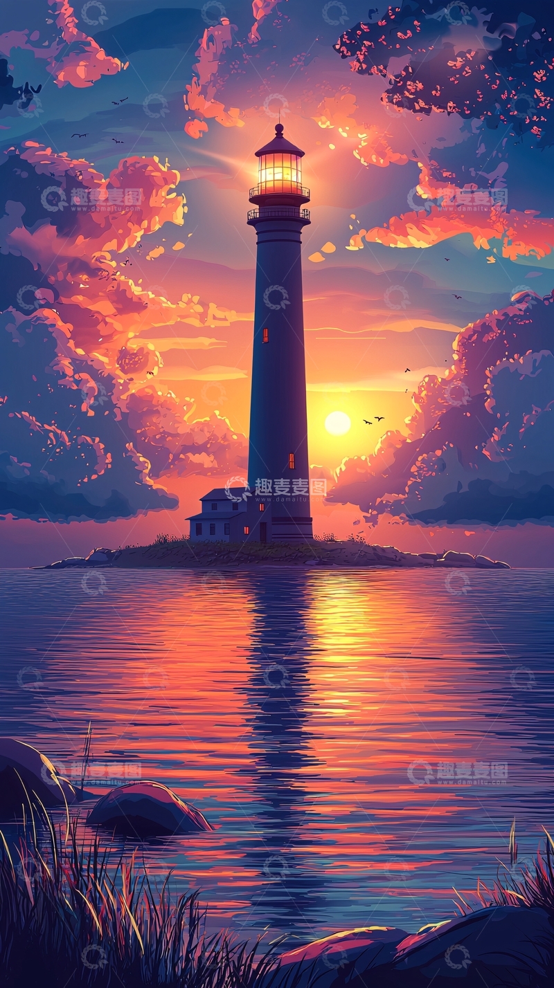 高清大图下载【趣麦麦图】日落海景灯塔