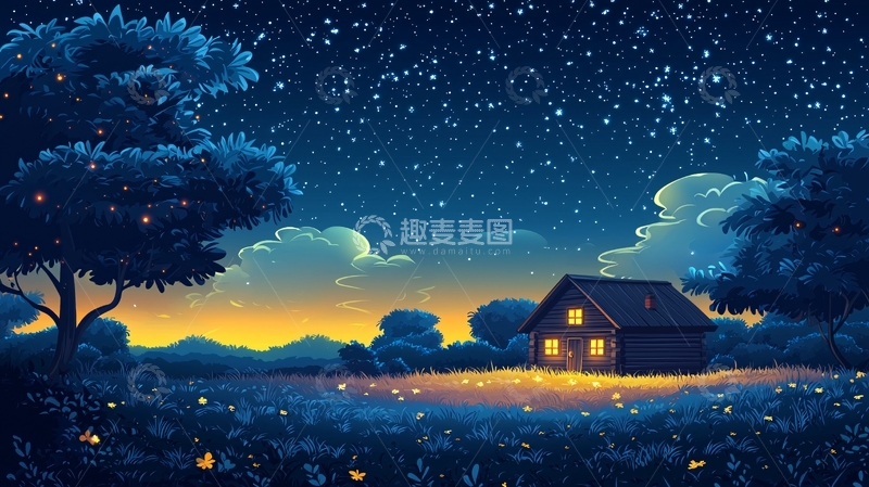 高清大图下载【趣麦麦图】星空下的萤火虫小屋