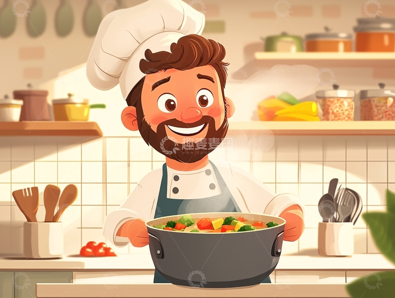 高清大图下载【趣麦麦图】快乐厨师端着一锅汤
