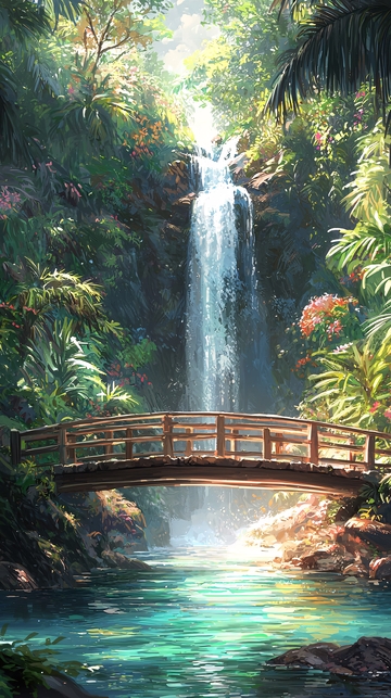 热带雨林瀑布木桥