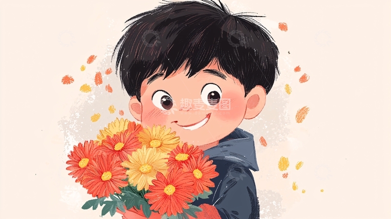 高清大图下载【趣麦麦图】可爱男孩抱着菊花