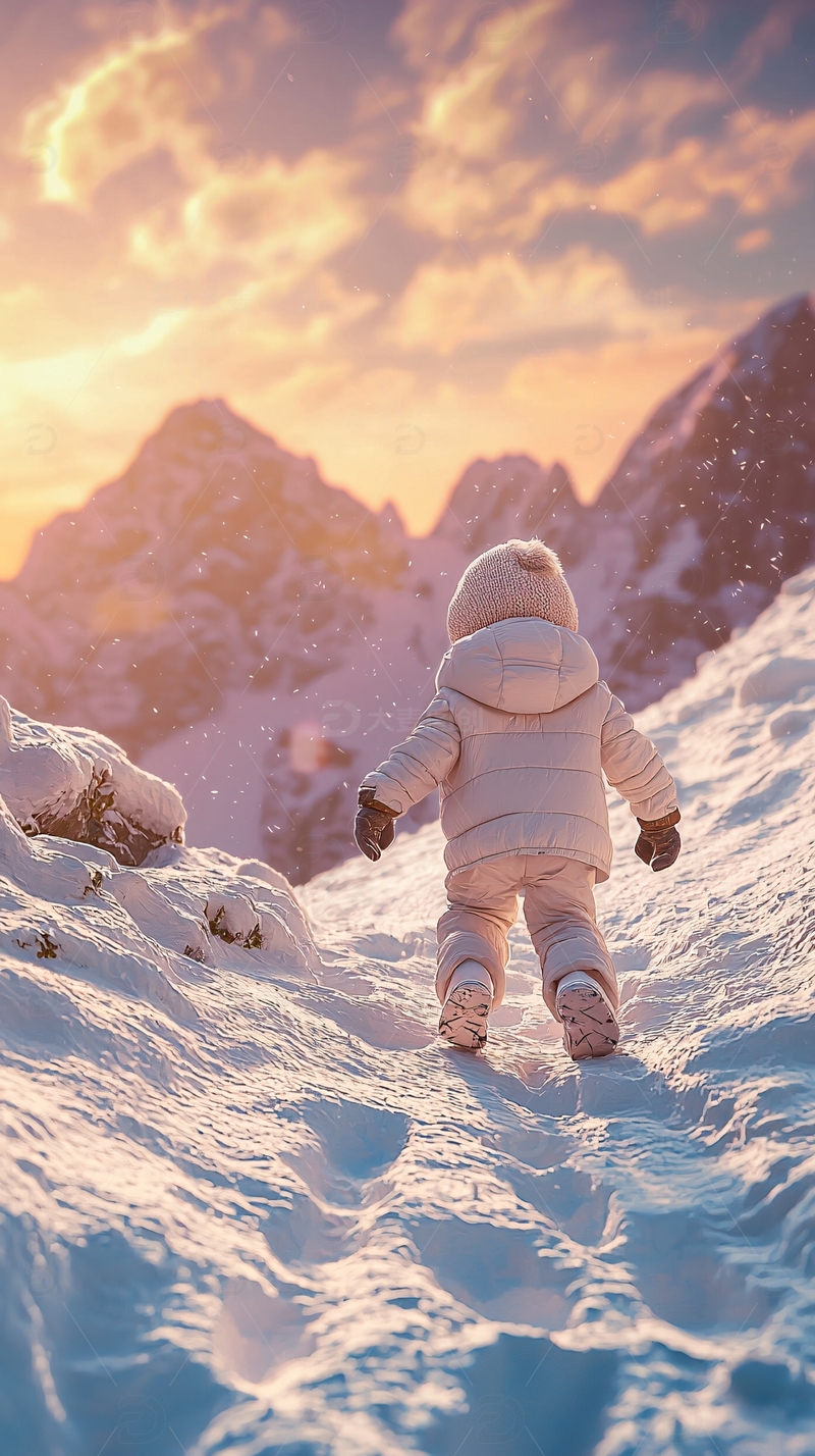 孩子雪山日落